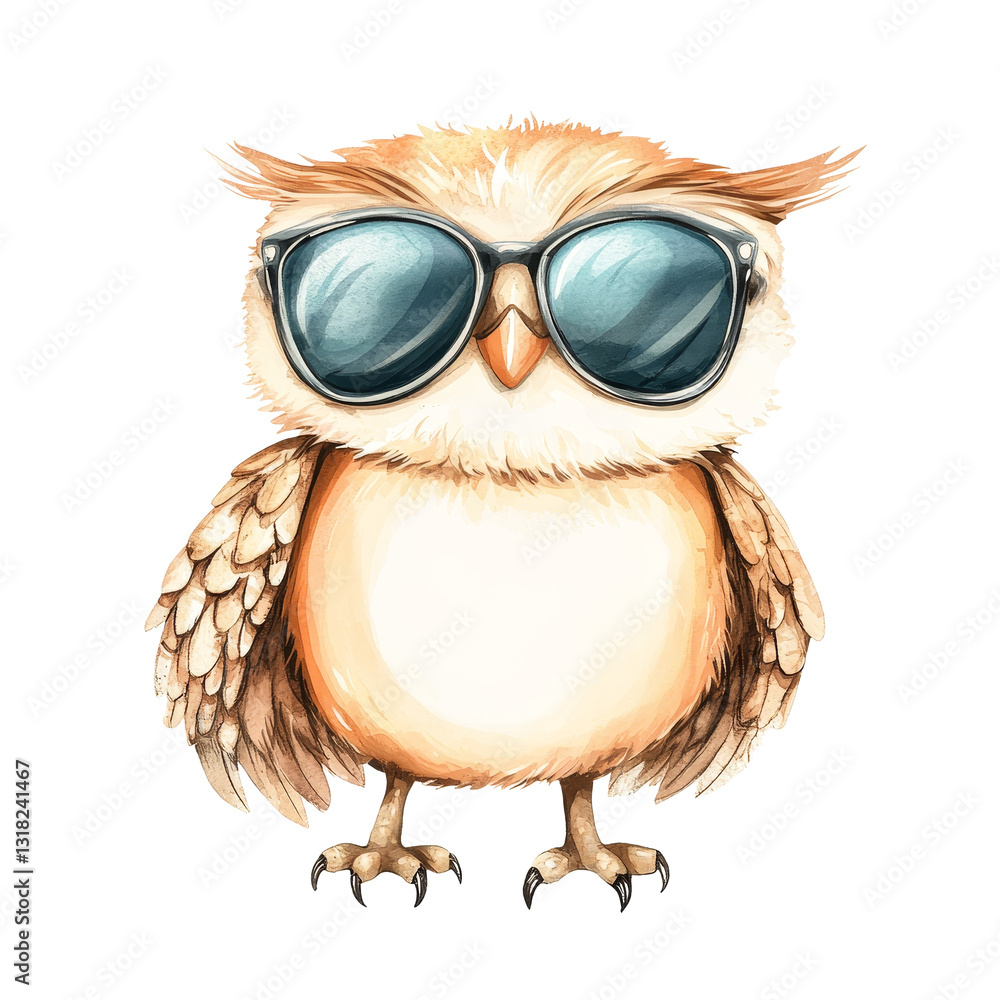 Naklejka premium A cute cartoon baby owl wearing stylish sunglasses stands confidently against a plain background, showcasing, Cute cartoon character baby owl wearing sunglasses transparent background. Owl transparent
