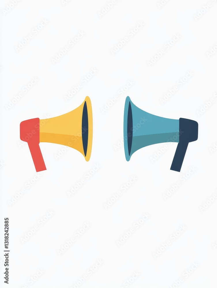 Two colored megaphones, side by side Two colored megaphones, side by side
