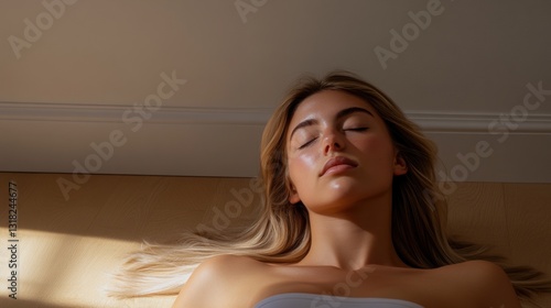 Woman relaxing with eyes closed in soft light.