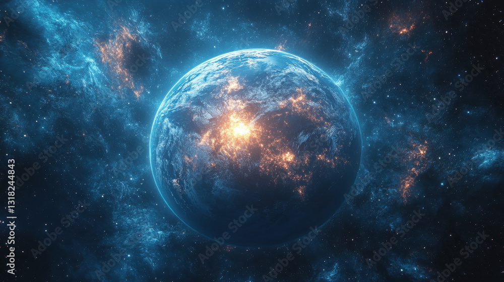 Fototapeta premium Blue planet in space with glowing lights