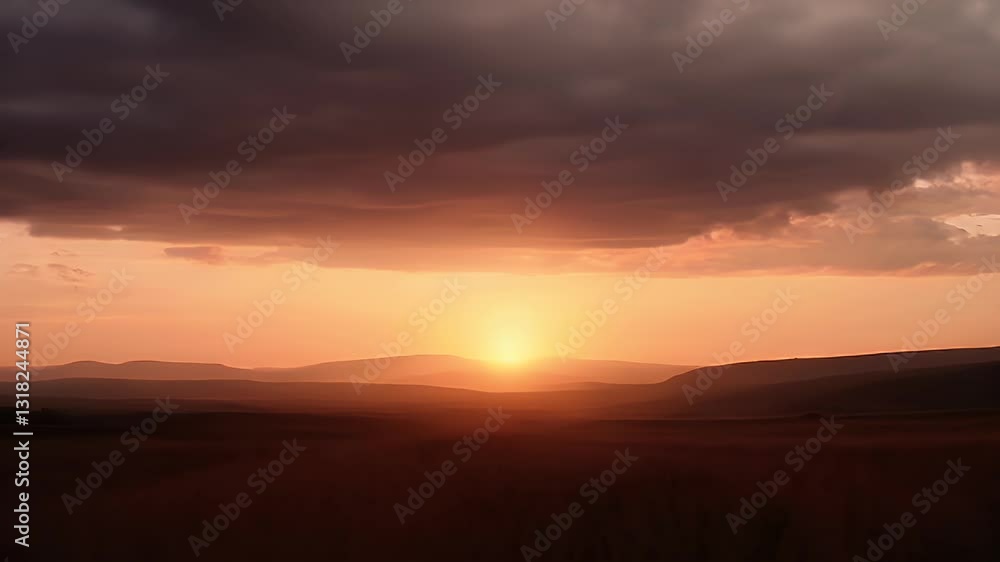 Orange Sunset Over Rolling Hills and Fields Orange Sunset Over Rolling Hills and Fields