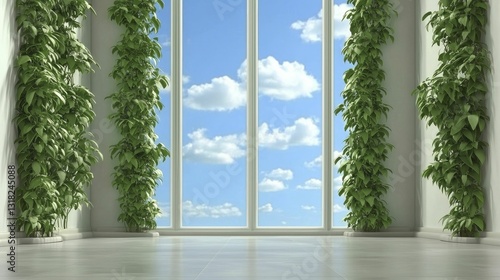 A vertical hydroponic garden with cascading plants, set against a clean, white wall for a modern aesthetic.