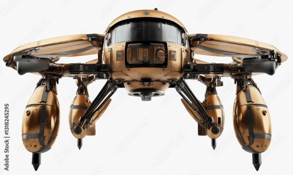 Gold futuristic drone hovering, isolated on white background, for sci-fi projects Gold futuristic drone hovering, isolated on white background, for sci-fi projects