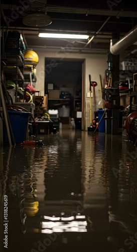 and storage items. ladder,  Flooded basement with deep water,