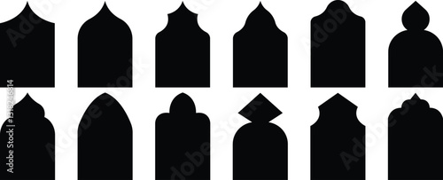 Set of colorful flat Arab windows frame silhouettes. Vector illustration. Ramadan Kareem labels. 