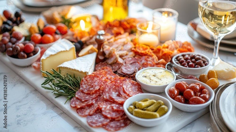 Elegant charcuterie board selection showcasing artisan cheese salami grapes and dipping sauces on a marble table Elegant charcuterie board selection showcasing artisan cheese salami grapes and dipping sauces on a marble table