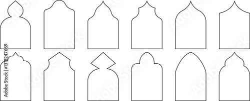 Set of colorful flat Arab windows frame silhouettes. Vector illustration. Ramadan Kareem labels. 