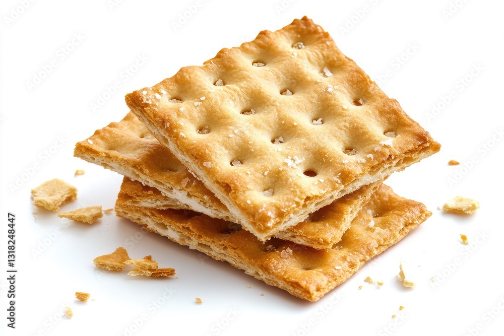 Stack of crispy, golden crackers with crumbs isolated on white. Stack of crispy, golden crackers with crumbs isolated on white.