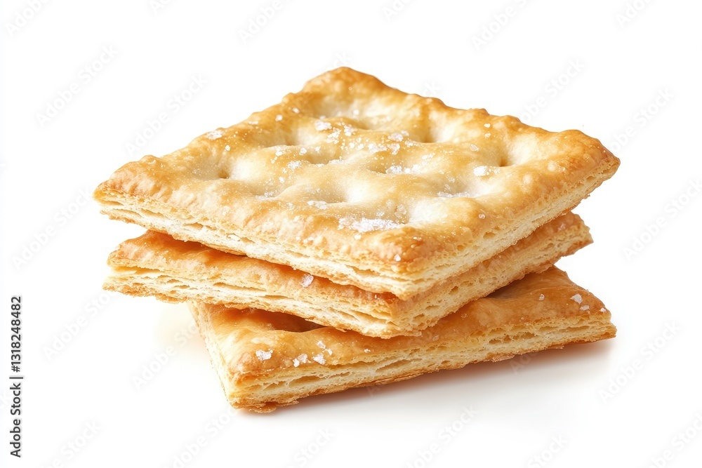 Three square, salty crackers stacked on white background. Three square, salty crackers stacked on white background.