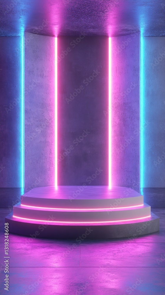 Three Tier Podium Illuminated by Vivid Neon Lights in a Dark Room with a Futuristic Tone and Minimalist Interior Design Three Tier Podium Illuminated by Vivid Neon Lights in a Dark Room with a Futuristic Tone and Minimalist Interior Design