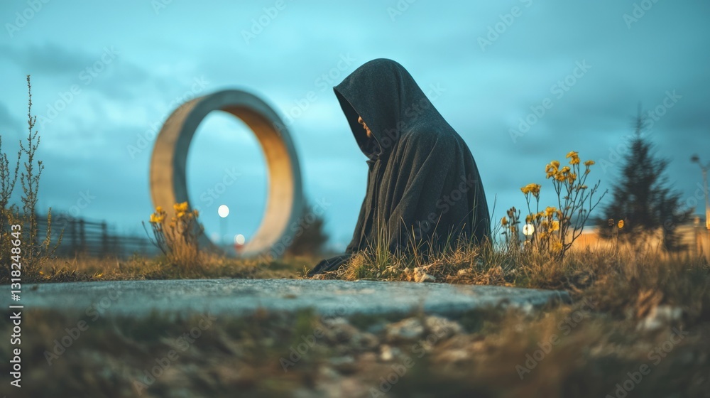 Fototapeta premium Mysterious Hooded Figure Contemplating at Dusk