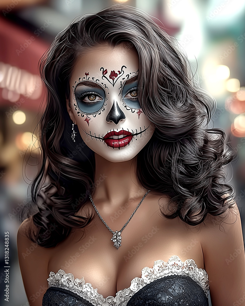 Obraz premium Woman with a skeleton face paint on her face and a necklace around her neck. She is wearing a black dress and is standing in front of a red sign