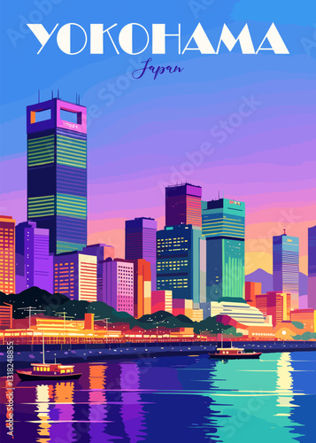 Yokohama, Japan Travel Destination Poster in retro style. Night cityscape digital print. Exotic summer vacation, holidays concept. Vintage vector colorful illustration.
