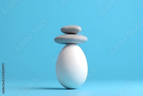 Balanced stone stacking on white egg shape minimalist art studio setting blue background creative concept photo