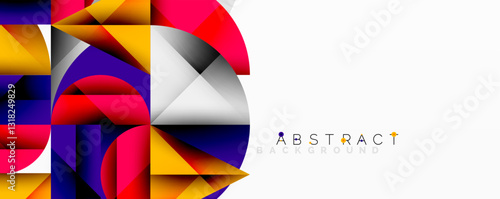Abstract geometric artwork with overlapping circles and gradients, circle square triangle shapes background featuring sharp angular cuts, smooth shading, and structured layered composition