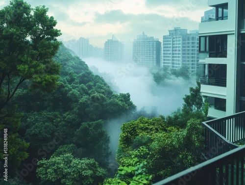 Wallpaper Mural Serene Urban Landscape with Mist and Lush Greenery in Morning Light Torontodigital.ca