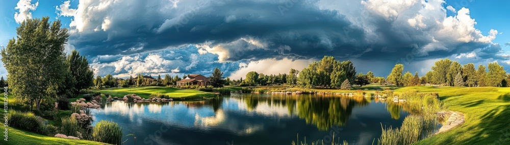 Scenic Golf Course Landscape with Reflections and Dramatic Clouds Scenic Golf Course Landscape with Reflections and Dramatic Clouds