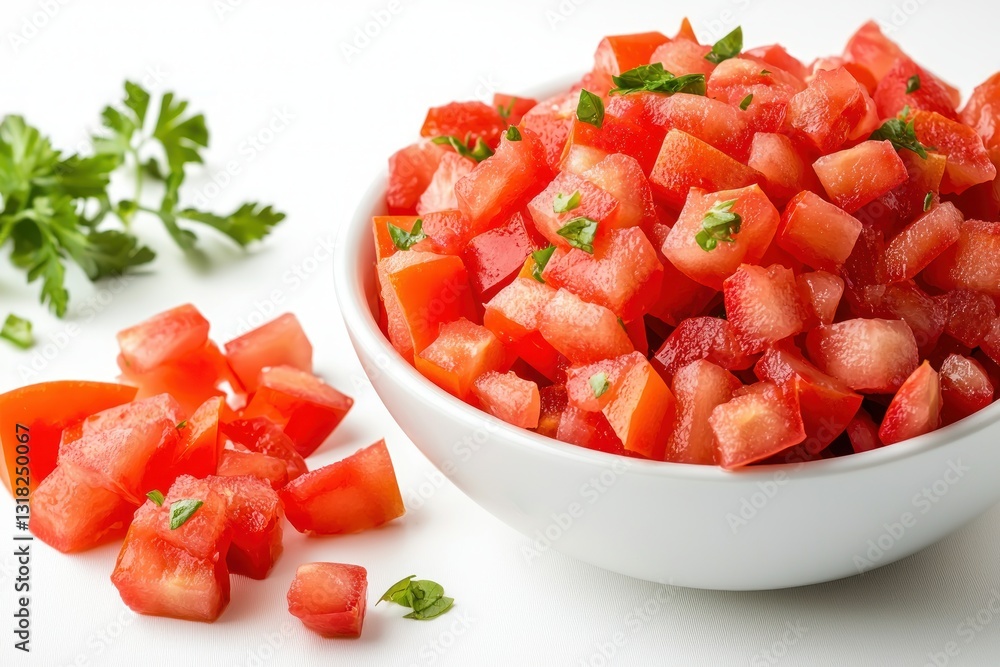 Vibrant diced tomato salad inside white bowl with fresh parsley garnish on light background studio shot Vibrant diced tomato salad inside white bowl with fresh parsley garnish on light background studio shot