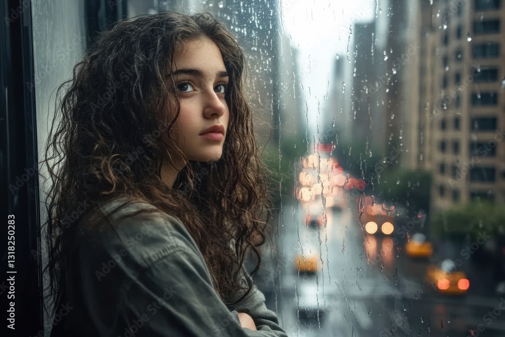 Contemplative girl gazing out window urban cityscape portrait rainy day emotional atmosphere introspective mood Contemplative girl gazing out window urban cityscape portrait rainy day emotional atmosphere introspective mood