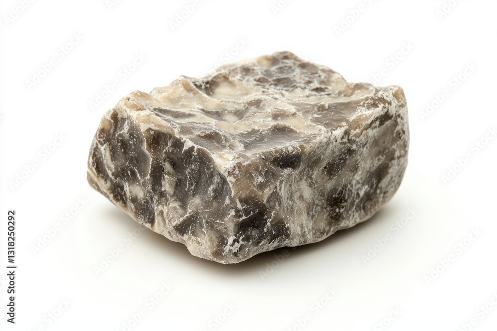 Captivating closeup of a single flint stone revealing intricate textures and earthy tones on a white backdrop Captivating closeup of a single flint stone revealing intricate textures and earthy tones on a white backdrop