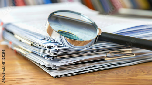 Close-up of a magnifying glass over a stack of official documents on a wooden desk, symbolizing scrutiny and transparency in legal or investigative processes.
