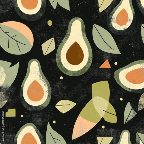 Avocado Delight: Modern Geometric Pattern with Rich Colors and Abstract Shapes on a Dark Backdrop