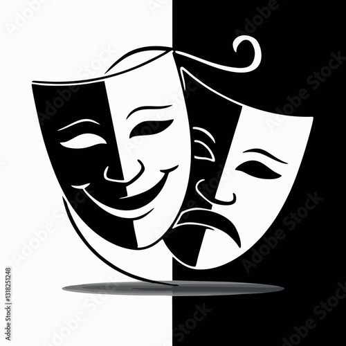 36.epsThis image features the classic comedy and tragedy masks, which are symbolic representations of theater and drama. The smiling mask represents comedy, joy, and happiness, while the frowning mask