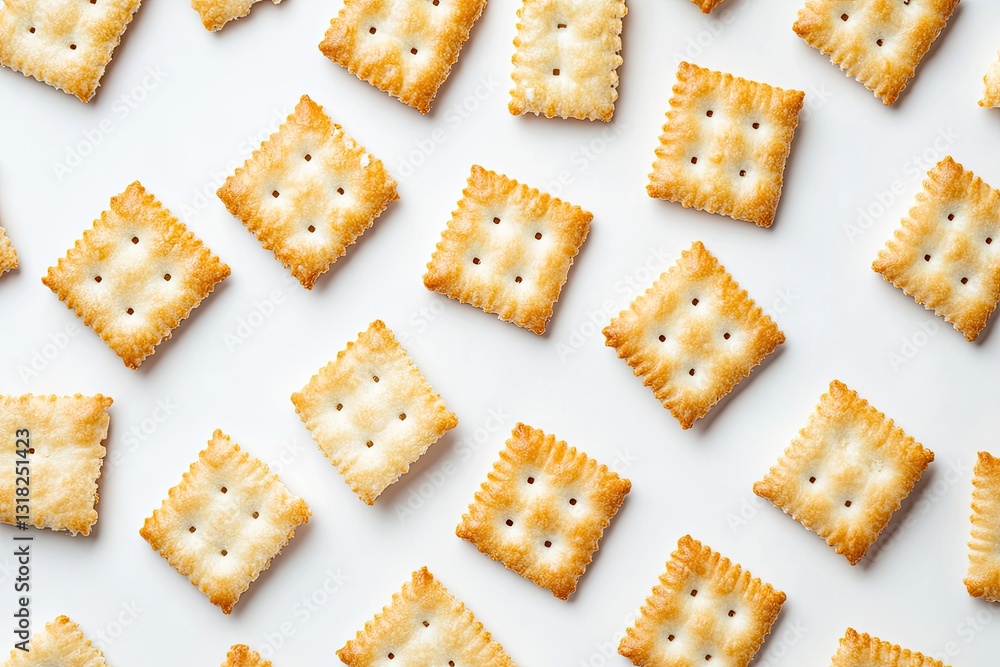 Overhead shot of small square crackers arranged on white background. Overhead shot of small square crackers arranged on white background.