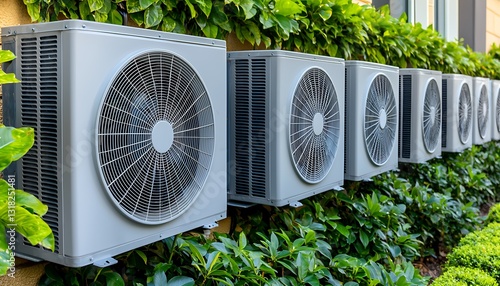 Outdoor AC units, building wall, green shrubs