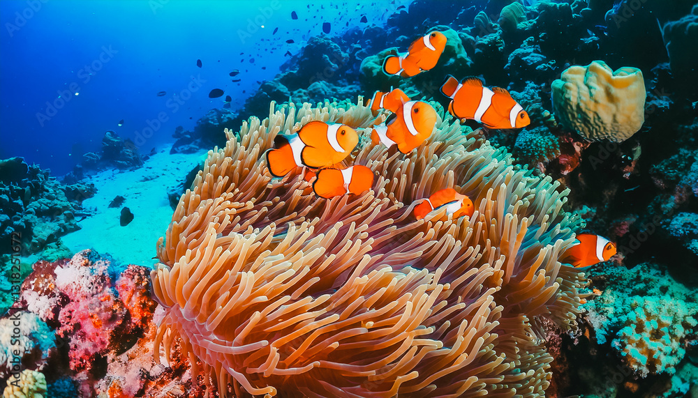 Obraz premium Close up of A family of cute Clownfish in their home on a tropical coral reef,clownfish on reef ai generated