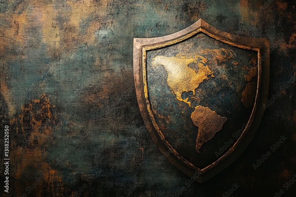 Fototapeta premium Explore a captivating vintage shield featuring a golden world map on a textured background. Ideal for themes of protection, adventure, and history.