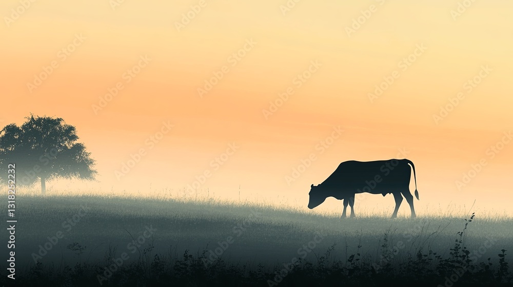 A lone cow grazing on a misty hillside at sunrise, soft light and muted colors. digital A lone cow grazing on a misty hillside at sunrise, soft light and muted colors. digital