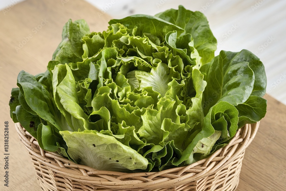 a wicker basket filled with fresh green lettuce leaves