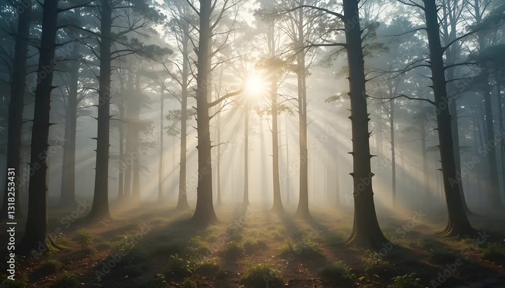 Naklejka premium Golden Sunlight Streaming Through Trees with Morning Mist Creating a Serene and Enchanting Forest Scene