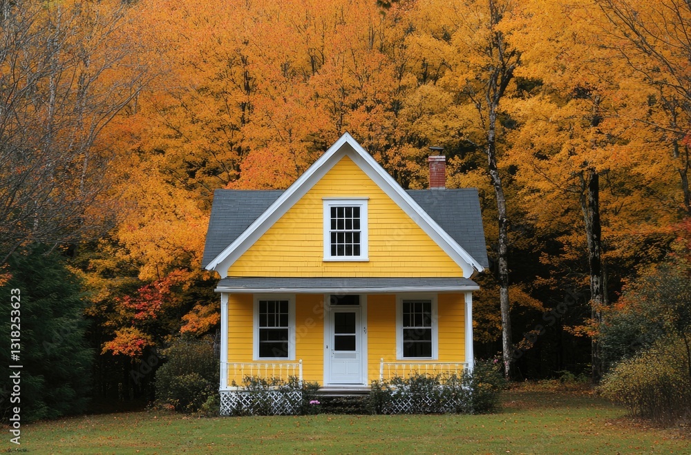 a yellow house in New England, surrounded by trees with autumn leaves on a sunny day. a yellow house in New England, surrounded by trees with autumn leaves on a sunny day.