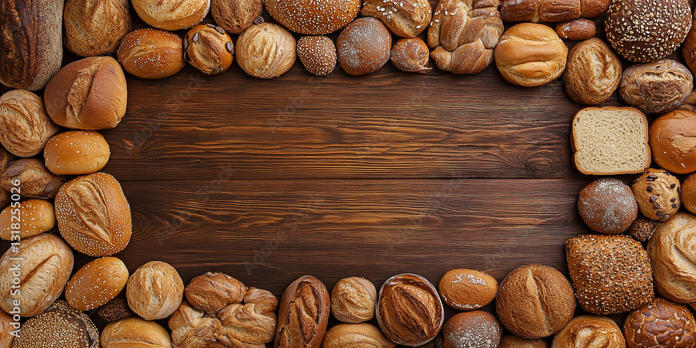 Fototapeta premium Draufsicht auf einen Rahmen mit Brot und mit Platz für Text in der Mitte - Werbeschild Flyer