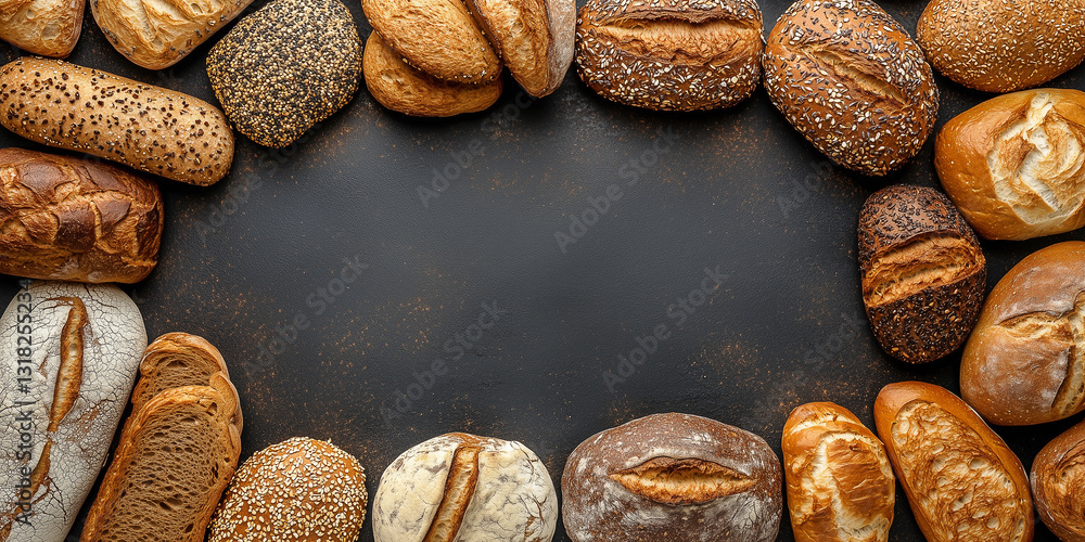 Fototapeta premium Draufsicht auf einen Rahmen mit Brot und mit Platz für Text in der Mitte - Werbeschild Flyer