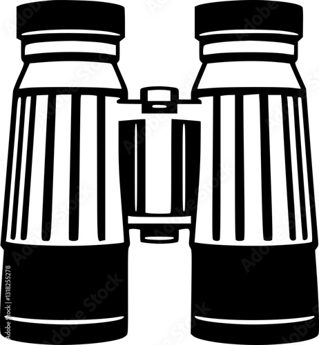 Monochrome black and white binoculars illustration minimalist vector icon detailed optical instrument nature exploration wildlife observation travel adventure surveillance spy detective retro vintage