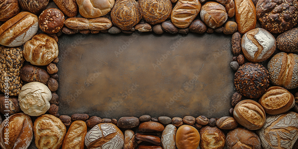 Fototapeta premium Draufsicht auf einen Rahmen mit Brot und mit Platz für Text in der Mitte - Werbeschild Flyer