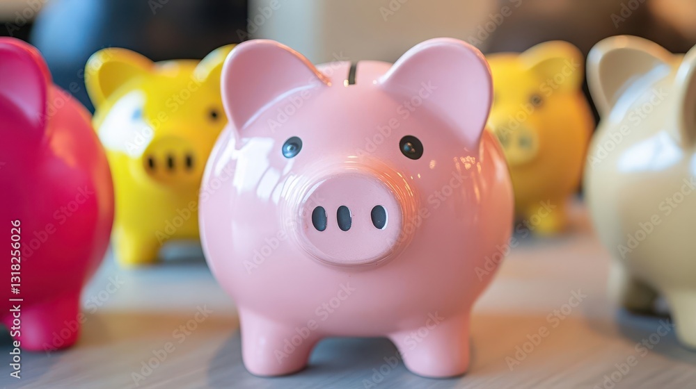 A group of piggy banks attending a financial wellness retreat, learning about savings and investment options A group of piggy banks attending a financial wellness retreat, learning about savings and investment options