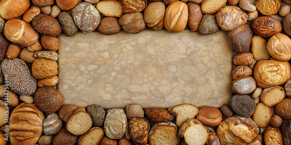 Naklejka premium Draufsicht auf einen Rahmen mit Brot und mit Platz für Text in der Mitte - Werbeschild Flyer