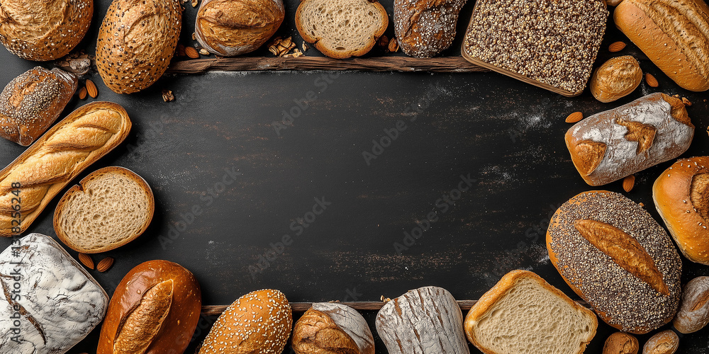 Fototapeta premium Draufsicht auf einen Rahmen mit Brot und mit Platz für Text in der Mitte - Werbeschild Flyer