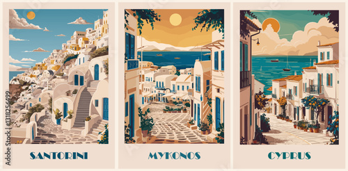 Set of Greece Travel Destination Posters in retro style. Santorini, Mykonos, Cyprus digital prints. European summer vacation, holidays concept. Vintage vector colorful illustrations.