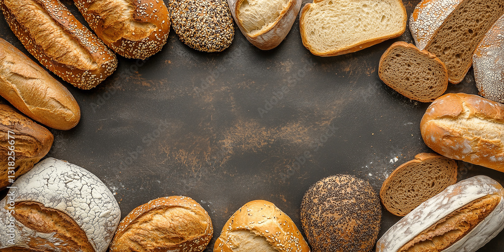 Obraz premium Draufsicht auf einen Rahmen mit Brot und mit Platz für Text in der Mitte - Werbeschild Flyer