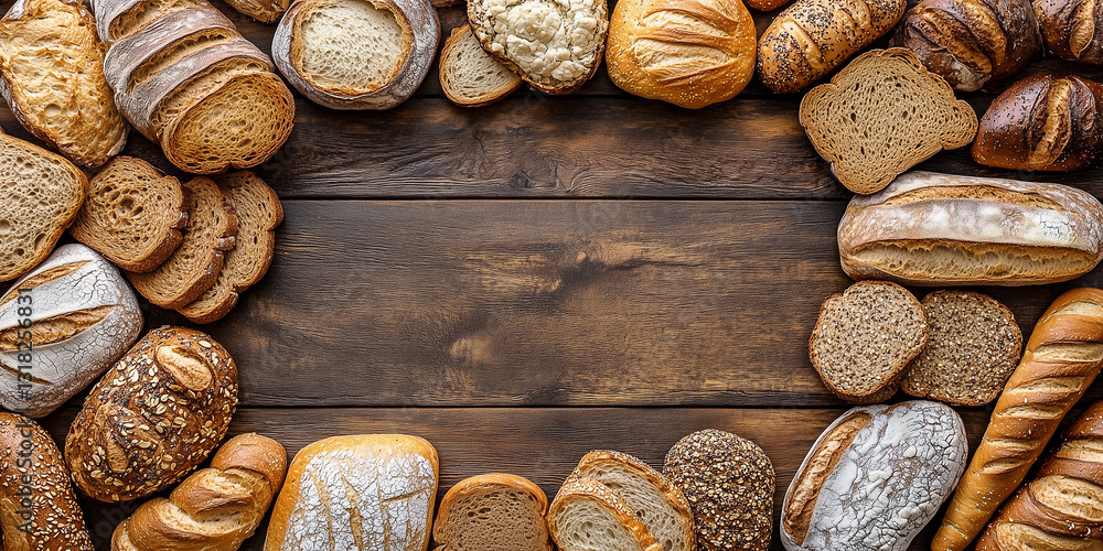Fototapeta premium Draufsicht auf einen Rahmen mit Brot und mit Platz für Text in der Mitte - Werbeschild Flyer