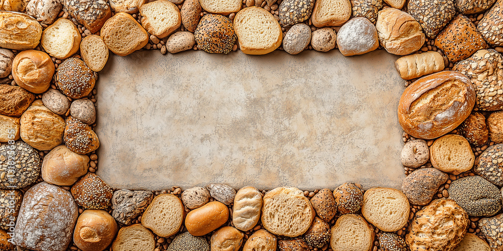 Obraz premium Draufsicht auf einen Rahmen mit Brot und mit Platz für Text in der Mitte - Werbeschild Flyer