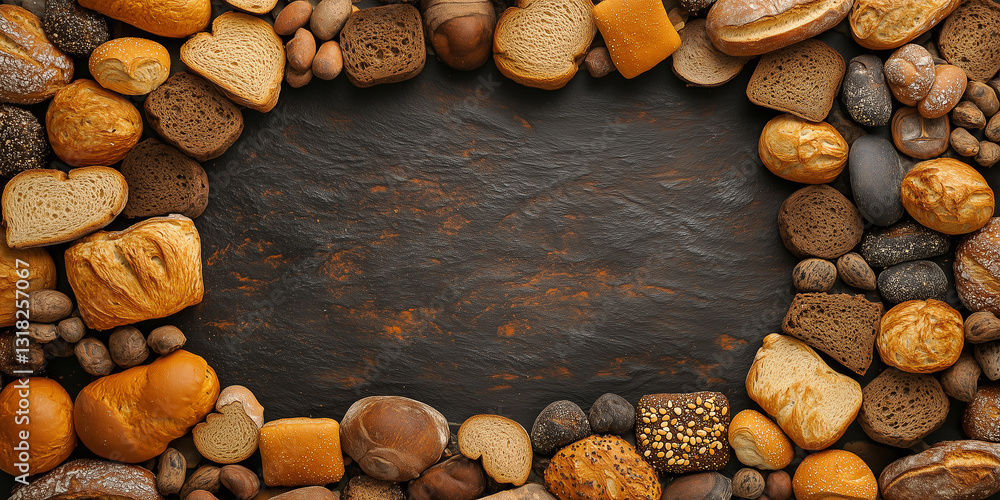 Obraz premium Draufsicht auf einen Rahmen mit Brot und mit Platz für Text in der Mitte - Werbeschild Flyer