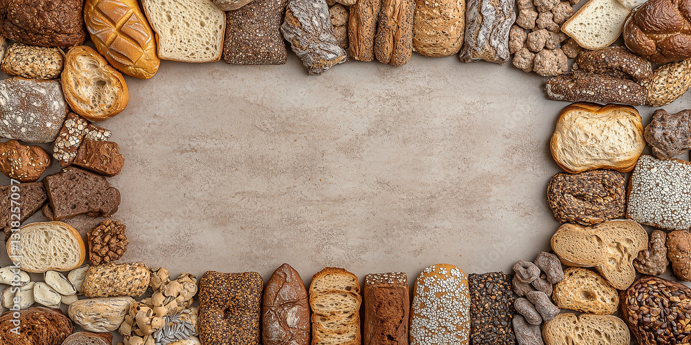 Naklejka premium Draufsicht auf einen Rahmen mit Brot und mit Platz für Text in der Mitte - Werbeschild Flyer