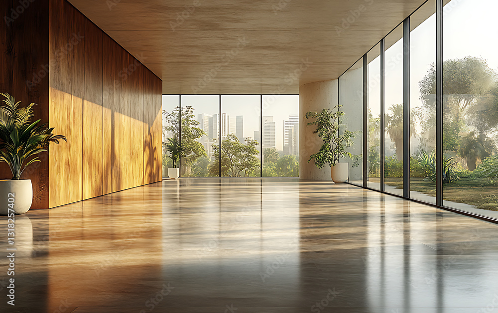 Fototapeta premium Modern Empty Room with Warm Wooden Accent Wall and Natural Light