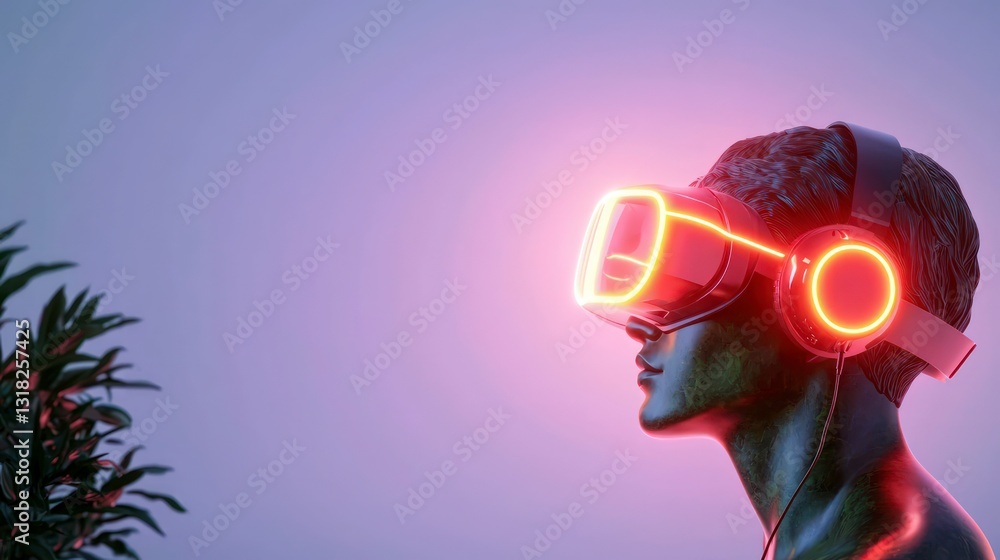 Fototapeta premium Futuristic Bronze Statue in VR Headset Neon Glow High Resolution Image